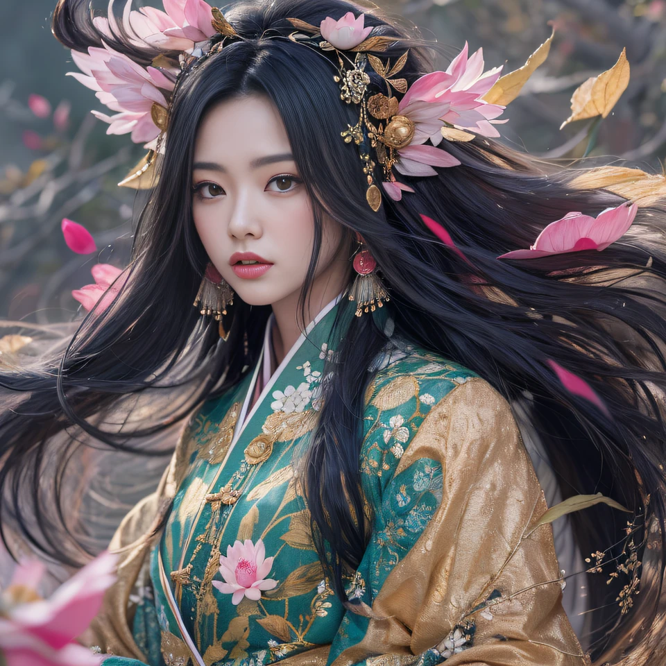 32K（tmasterpiece，k hd，hyper HD，32K）Long flowing black hair，ponds，zydink， a color， Aozhou people （Concubine girl）， （Silk scarf）， Combat posture， looking at the ground， long whitr hair， Floating hair， Carp pattern headdress， Chinese long-sleeved clothing， （Abstract gouache splash：1.2）， Pink petal background，Pink and white lotus flowers fly（realisticlying：1.4），Black color hair，Fallen leaves flutter，The background is pure， A high resolution， the detail， RAW photogr， Sharp Re， Nikon D850 Film Stock Photo by Jefferies Lee 4 Kodak Portra 400 Camera F1.6 shots, Rich colors, ultra-realistic vivid textures, Dramatic lighting, Unreal Engine Art Station Trend, cinestir 800，Long flowing black hair，Denim skirt