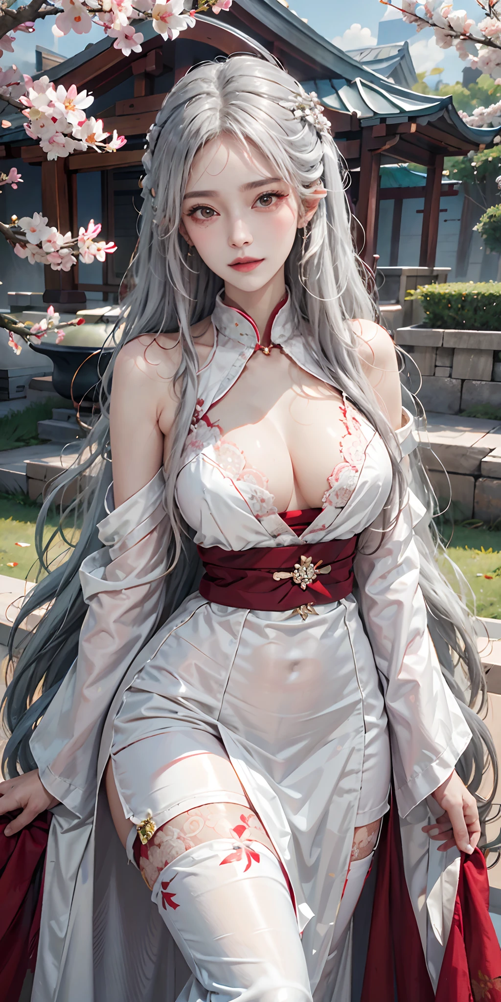 Photorealistic, high resolution, Soft light,1womanl, Solo, Hips up, shiny skins, (Detailed face),tattoo, jewelry, Wedding Hanfu, All red, White hair, cherry blossom, Night, White wavy hair, Beautiful soldiers, Catch the audience's eye, Lover's perspective, Invitation expression, Sexy smile, Perfect style, Perfect balance, Detailed skin, mischievous gaze, chest visible