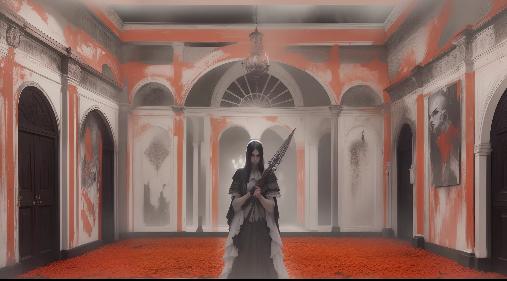 (La mejor calidad,Ultra detallado,realista:1.37),espada sangrienta,acero brillante,bordes afilados,gotas de sangre en cascada,dark and ominous atmosphere,Pasillo macabro,moody lighting,salpicaduras de sangre,Sombras espeluznantes,Arma espantosa,Arma mortal,Aura siniestra,apariencia amenazante,Gore y brutalidad,agarre tendinado,Horror aesthetics,goteo rojo,escena inquietante,Forbidden atmosphere,vibraciones ominosas,Silencio ominoso,surreal imagery,empapado en sangre,gleaming crimson,Arma aterradora,Presencia aterradora,Obras de arte macabras,visual de pesadilla,Sombras que envuelven la hoja,Tonos oscuros,tranquilidad interrumpida,creepy feeling,Gothic setting,Ominous energy,Silencio sepulcral,Arma sobrenatural,Arma sanguinaria,Destino ominoso,Envuelto en la oscuridad,Ominous anticipation,Ambiente premonitorio.