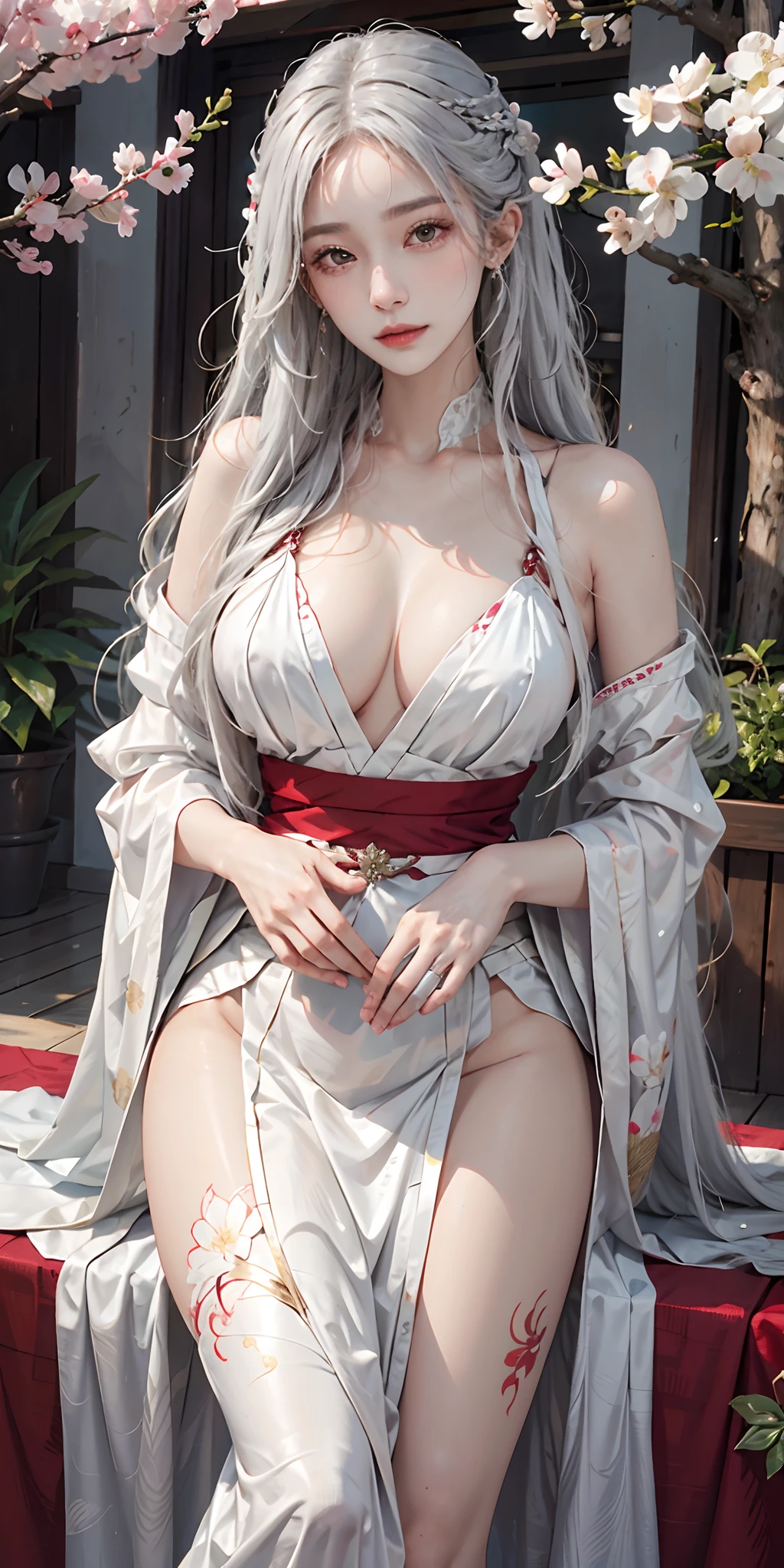 Photorealistic, high resolution, Soft light,1womanl, Solo, Hips up, shiny skins, (Detailed face),tattoo, jewelry, Wedding Hanfu, All red, White hair, cherry blossom, Night, White wavy hair, Beautiful soldiers, Catch the audience's eye, Lover's perspective, Invitation expression, Sexy smile, Perfect style, Perfect balance, Detailed skin, mischievous gaze, chest visible