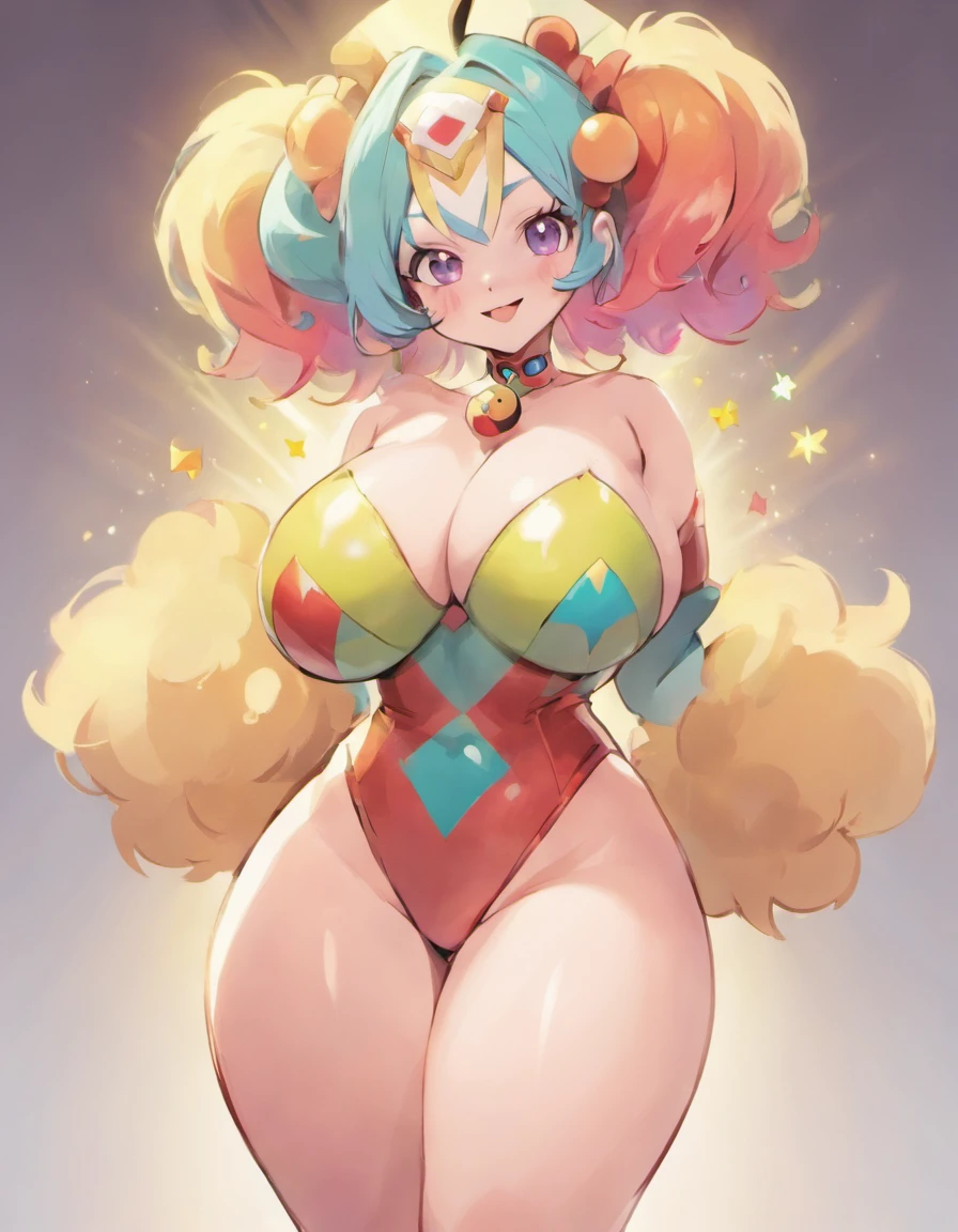 a cute clown woman, she is a milf and maybe 50 years of age, she is wearing multicolored body suit, she has large breasts, there a vivid pastel colours, the woman is quite tall and her ass is showing,