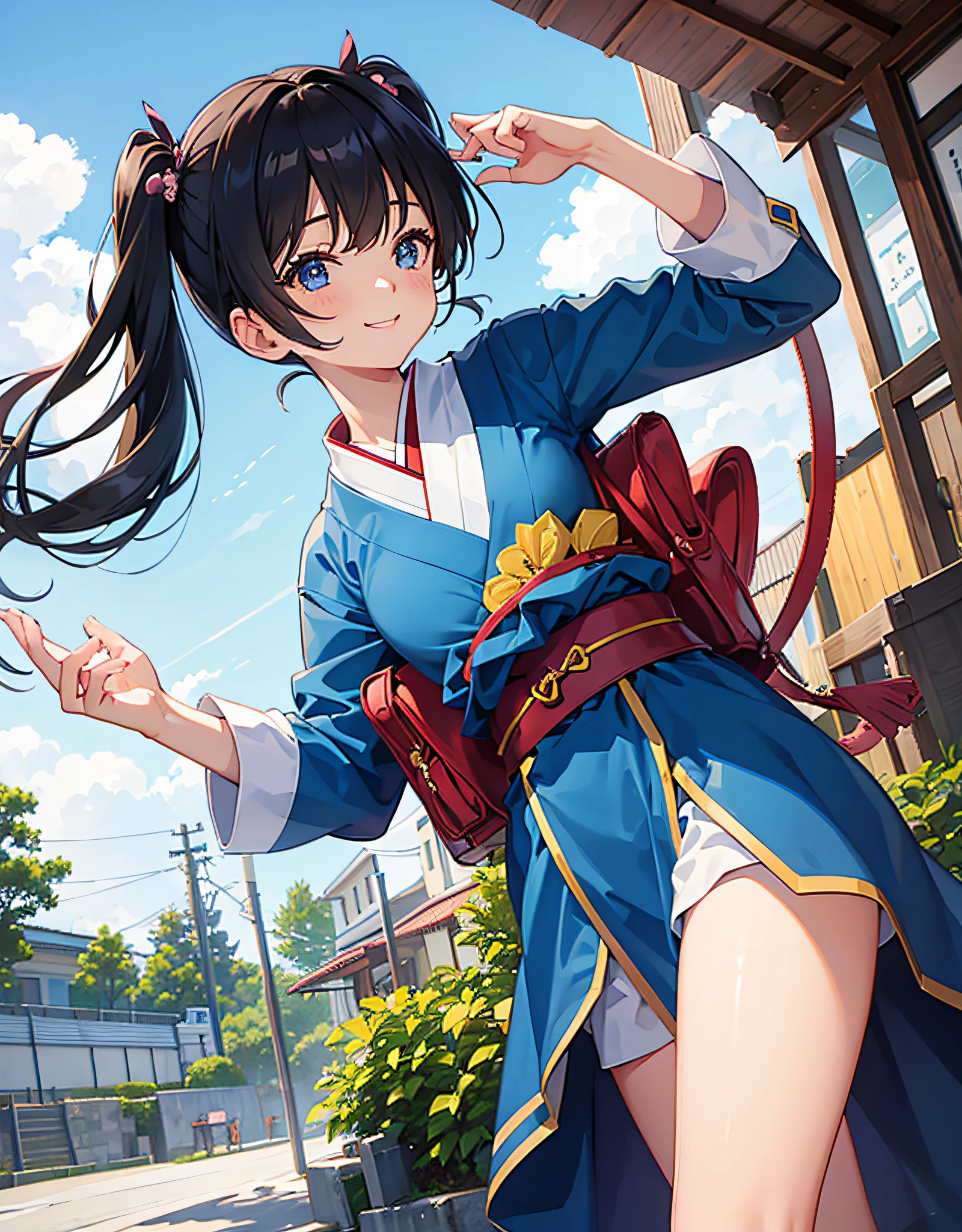 A girl stretches her hand towards the sky in the Showa townscape of Japan、Pigtails hairstyle、shading、smil,