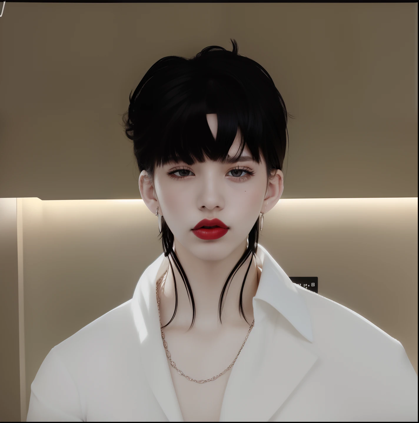 1man, white clothes, necklace, tatto in the neck, red lips, korean, realistic, 70mm lens, ultra detail, black hair,