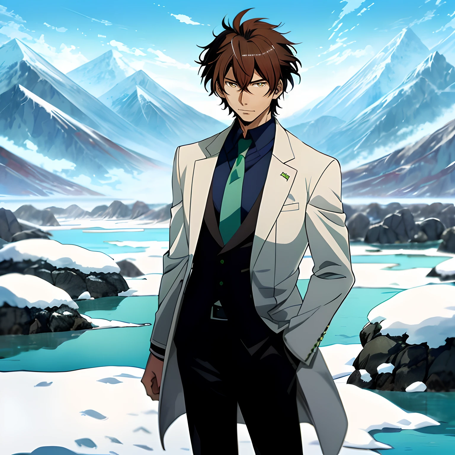 Anime image of a brown-haired man in a white suit and blue tie standing under a snowy mountain,by lake, Shinkai sincerely, New Xiangcheng, Honest, ryuta ueda artwork, offcial art, Anime handsome man, inspired by Hisui Sugiura, koyoharu gotouge, inspired by Okumura Togyu, hijikata toushirou, makoto kano