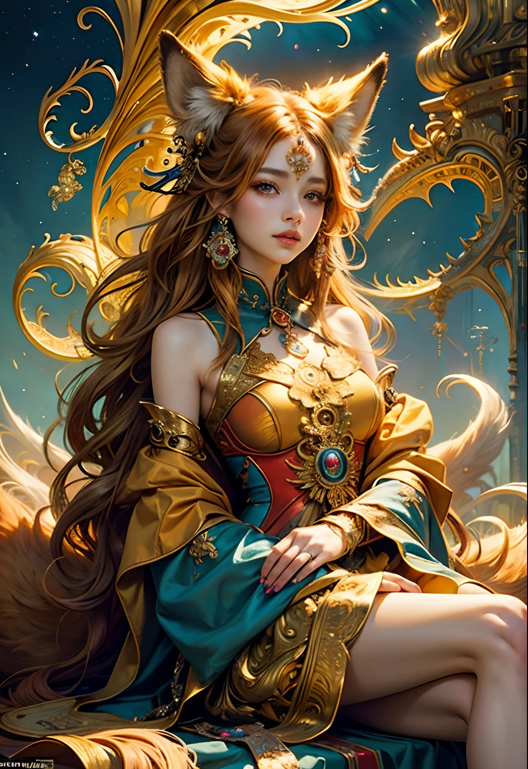 (masterpiece、top-quality、top-quality、Official art、Beautifully Aesthetic:1.2)、(1girl in)、ighly detailed、(Fractal Art:1.3)、colourfull、highestdetailed Golden Nine Tail Fox Fancy golden background Facing the front Soft smile Huza Sitting cross-legged