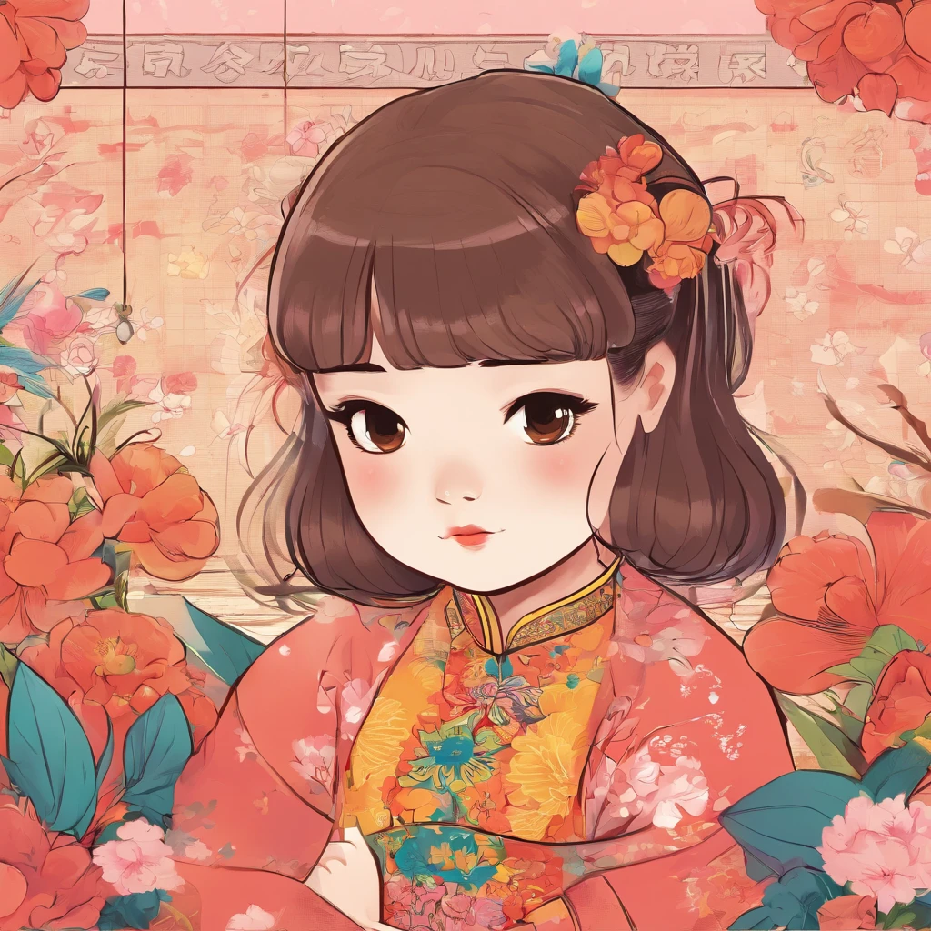 A little girl，Hold your arms，Frowning，Staring at you angrily，Pouting angrily，Floral half-sleeved cheongsam，Cute fat girl，A ball head