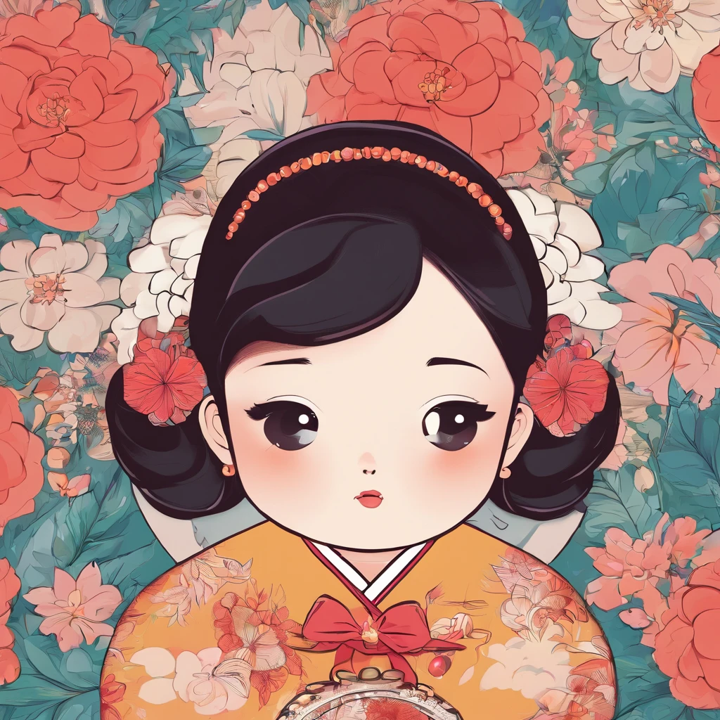 A little girl,Hold your arms,Frowning,Staring at you angrily,Pouting angrily,Floral half-sleeved cheongsam,Cute fat girl,A ball head