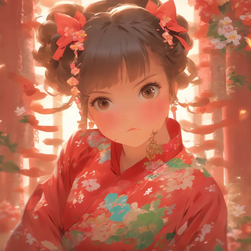 A ,Hold your arms,Frowning,Staring at you angrily,Pouting angrily,Floral half-sleeved cheongsam,Cute fat girl,A ball head