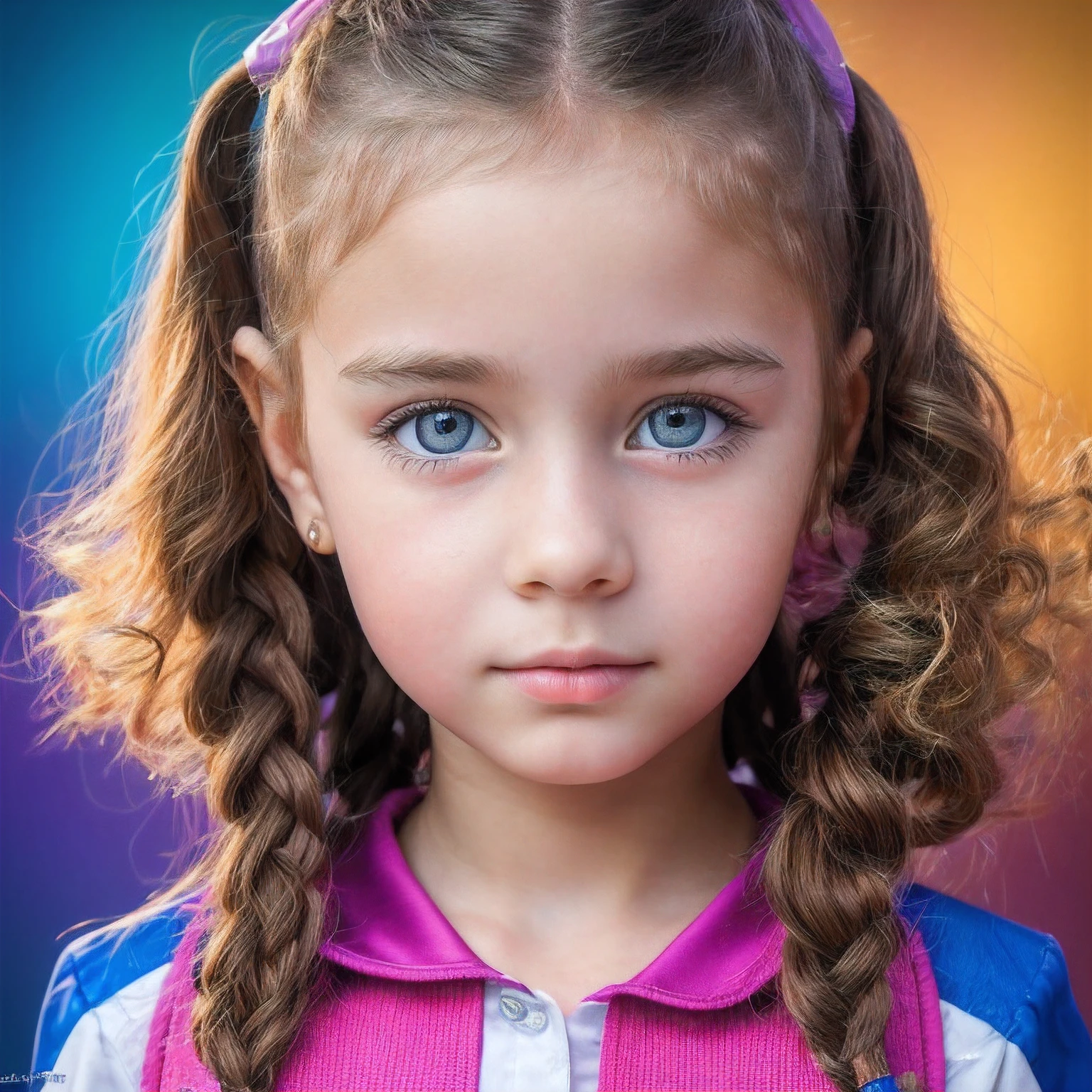 (best quality,8K, masterpiece:1.3),Russian girls aged 1iful detailed eyes,beautiful detailed lips,extremely detailed eyes and faces,longeyelashes,pre-adolescenirlsexpressions,curly hair,pigtails,uniforms,backpacks,playful poses,colorful backgrounds,vibrant colors,soft and warm lighting,realistic,portraits
