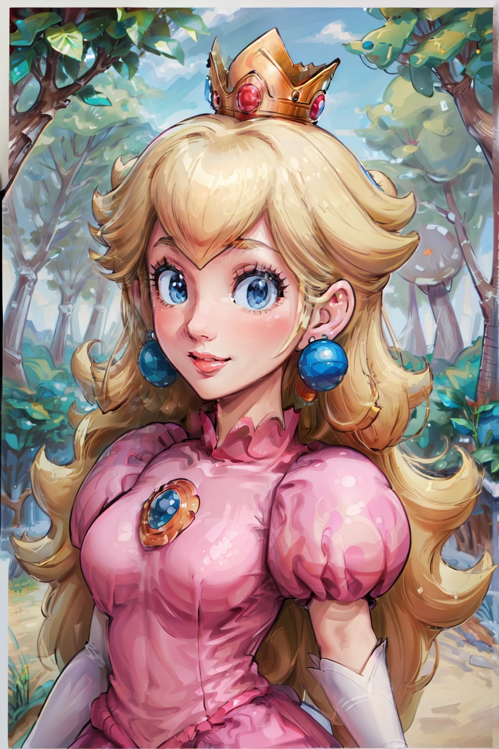 ((high detailed, best quality, 4k, masterpiece, hd:1.3)), pch, pink dress, brooch, puffy sleeves, short sleeves, smile, lipstick, smooth skin, elbow gloves, earrings, crown, in mushroom forest, upper body, close-up,