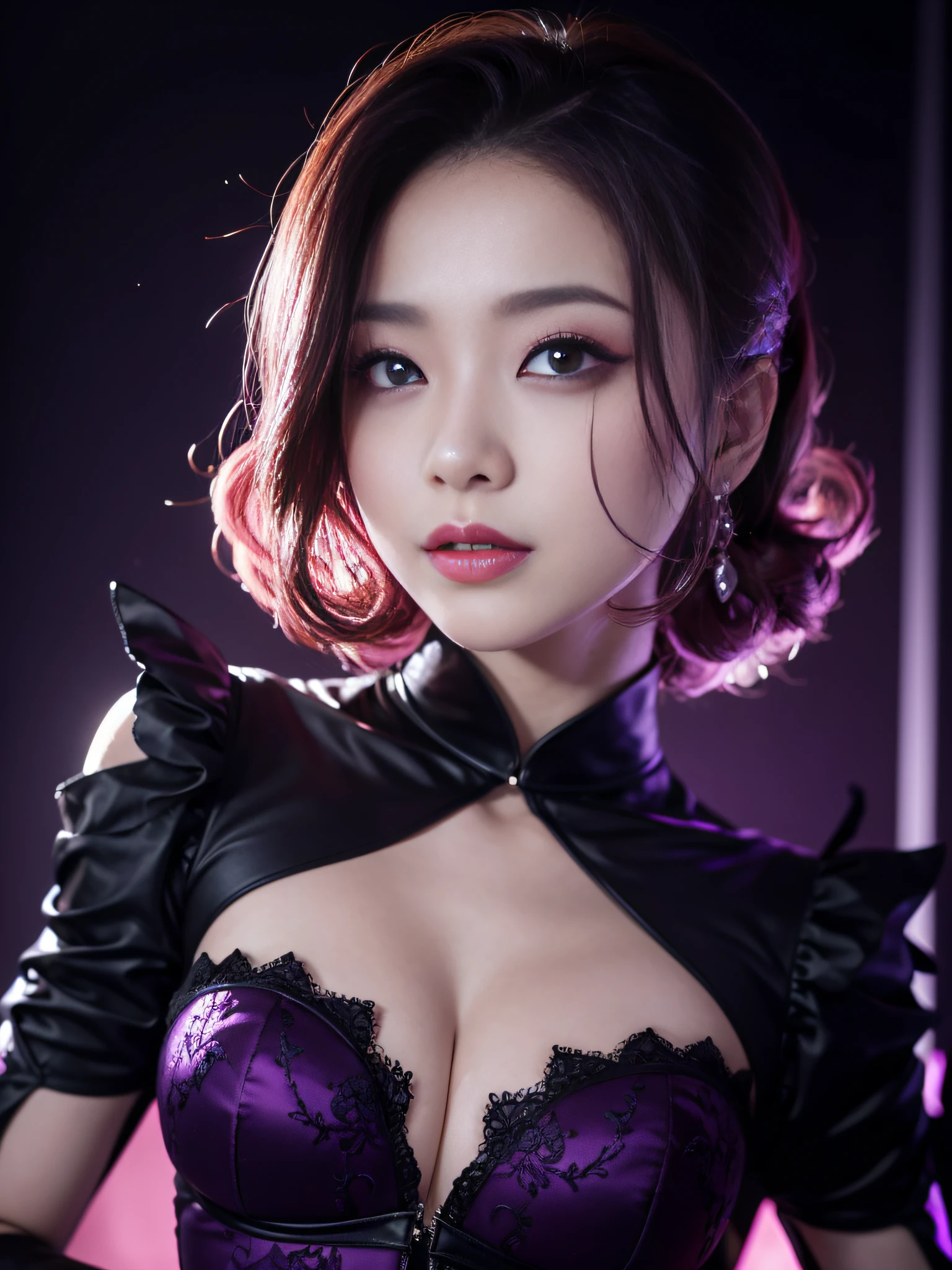Charming beauties、Evil Female Executive、curls、charming oval face、二重まぶた、Clear eyes、Purple Eyeshadow、Red Lip、The ultra -The high-definition、The ultra-detailliert、Expressing adult femininity、top-quality、8K、ultra-detailliert、soio、Night、Move ki、The Darkness、seductiv、brainwashed、Evil Fall、wicked、darkness