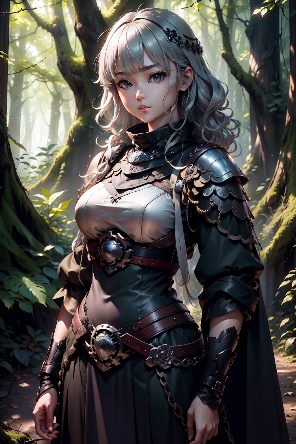 masutepiece、超A high resolution、Powerful images、8K、scene inside forest、 tall girl、Silver-haired short bob、Curly hair、eyes large、Blackchain Mail、Niō Standing、