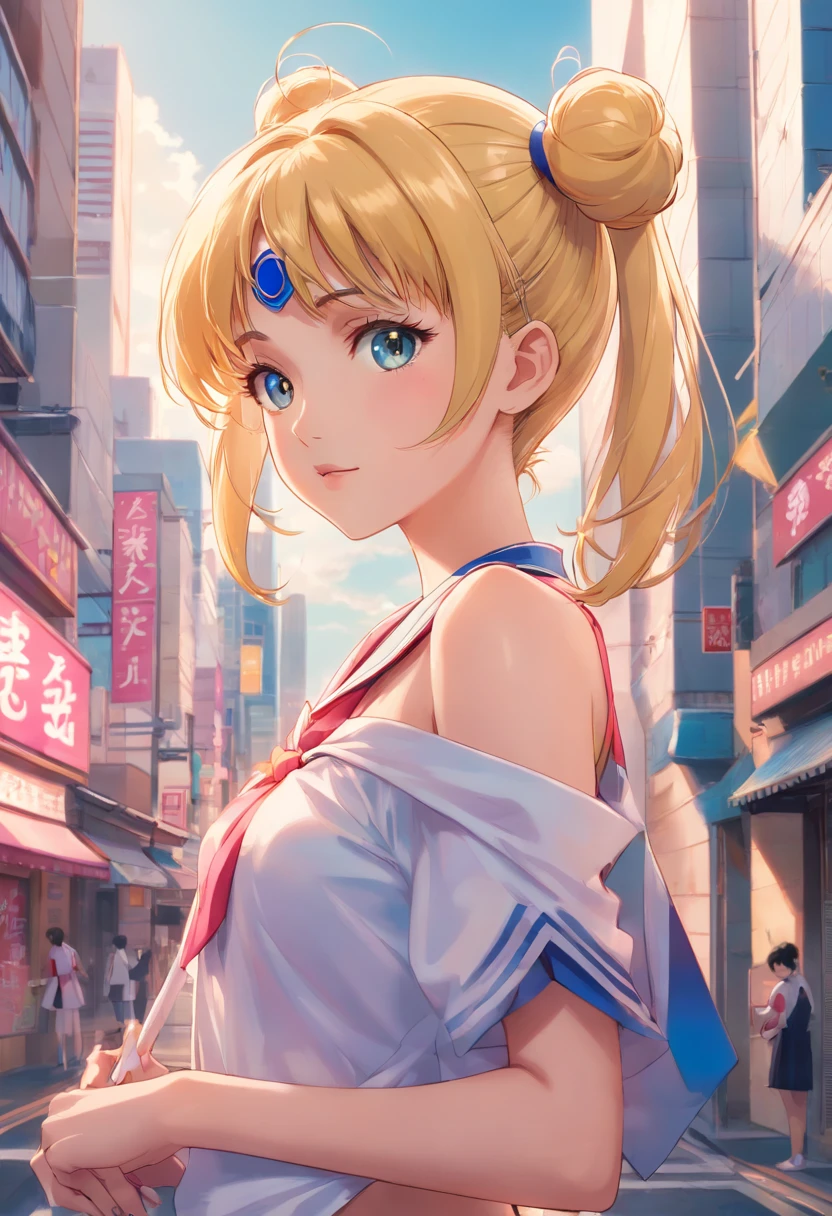 NSFW,On the edge of the hustle and bustle, City of dull Japan , Where the city skyline can be seen in the background , Her seductive eyes are、Capturing the essence of retro anime. All facial features are、Rendering at an exceptional level of detail, Evokes the clarity and accuracy of classic 80s anime art. In this portrait, She embodies the spirit of Sailor Moon Style, It would be an exquisite tribute to the beloved era of retro anime. Photo taken by Elliott Lee with Nikon Z6 and Prime 85mm lens. Award-Winning Photography style, Fine Art, 8K, Ulutra HD, Hyper-Resolution. --V 5 --Q 2、fullnude