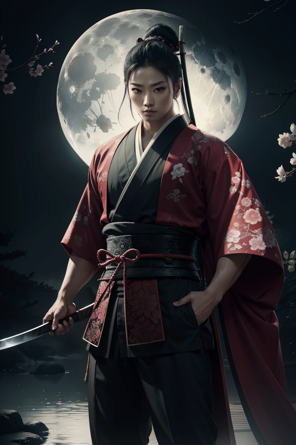 A samurai assassin standing in a moonlit garden, Expertly wielding a katana with deadly precision. The killer's eyes sparkle with determination and focus, while your lips are placed in a certain line. The samurai's face is intrinsically detailed, capturing every outline and expression. Ela usa um quimono sedutor, adorned with intricate patterns and symbols of his Assamete clan.
The artwork is created in a medium reminiscent of Japanese inkwash paintings., with bold brush strokes and a monochrome color palette. The artist's masterful technique brings out the intensity and power of the samurai's presence.
The garden around the samurai is meticulously designed, with lush vegetation and delicate cherry blossoms. A full moon shines brightly in the night sky, casting a soft glow on the scene and lighting the path of the assassin. The atmosphere is filled with an air of mystery and danger, Adding to the tension of the moment.
The image is of the highest quality, with every detail captured flawlessly in ultra-high resolution. The textures on the kimono and the intricate patterns are rendered with extreme precision. The lighting is carefully crafted to enhance the dramatic effect, com sombras profundas e destaques sutis.
Geral, The artwork exudes a sense of elegance and power, combining traditional Japanese aesthetics with a touch of modernity. The monochrome color palette, combinado com os detalhes requintados, creates a captivating and immersive experience for the viewer.