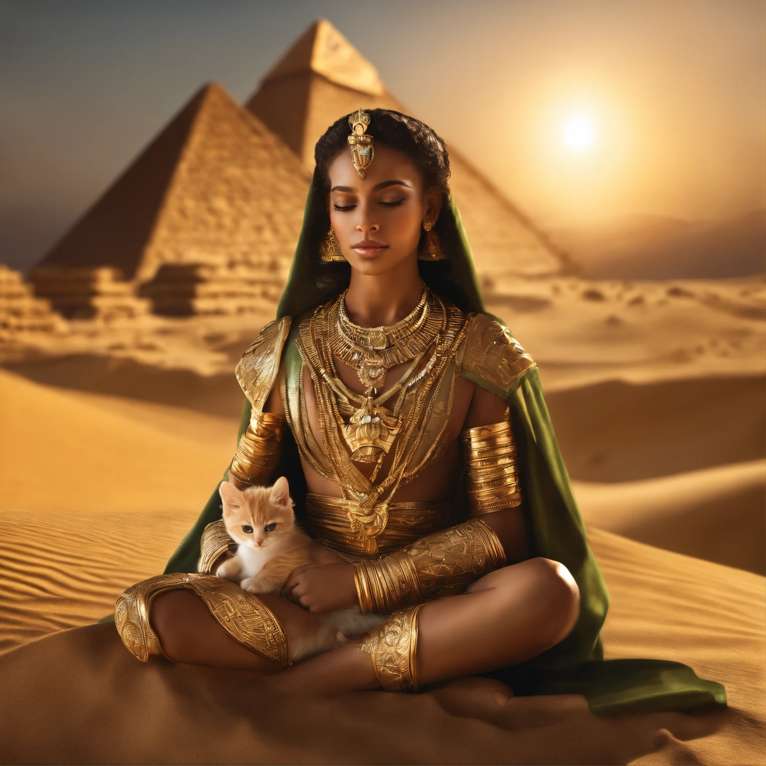 Chibi Goth Lolita Cat, Holding a sleeping boy in his lap,Kings of ancient Egypt,Great and majestic,Superior Gold Crown,Detailed and intricate carvings,emerald eyes,Proudly dignified々and attitude,Elaborate ornamental necklace,richly decorated robes,Sparkling Gold Jewelry,In front of the Great Pyramid,Surrounded by desert sand dunes,Majestic sunset with warm golden glow,Bright rays illuminating the figure of Pharaoh Hemiah,Creating a sense of divinity and power,(Best Quality,4K,8K,Haute,Master Parts:1.2),ultra-detailliert,Realistic,sportrait,Rich and vibrant colors,Evoke the opulence and grandeur of ancient Egypt.
