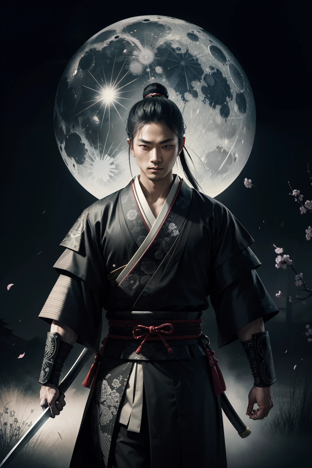 A samurai assassin standing in a moonlit garden, Expertly wielding a katana with deadly precision. The killer's eyes sparkle with determination and focus, while your lips are placed in a certain line. The samurai's face is intrinsically detailed, capturing every outline and expression. Ela usa um quimono sedutor, adorned with intricate patterns and symbols of his Assamete clan.
The artwork is created in a medium reminiscent of Japanese inkwash paintings., with bold brush strokes and a monochrome color palette. The artist's masterful technique brings out the intensity and power of the samurai's presence.
The garden around the samurai is meticulously designed, with lush vegetation and delicate cherry blossoms. A full moon shines brightly in the night sky, casting a soft glow on the scene and lighting the path of the assassin. The atmosphere is filled with an air of mystery and danger, Adding to the tension of the moment.
The image is of the highest quality, with every detail captured flawlessly in ultra-high resolution. The textures on the kimono and the intricate patterns are rendered with extreme precision. The lighting is carefully crafted to enhance the dramatic effect, com sombras profundas e destaques sutis.
Geral, The artwork exudes a sense of elegance and power, combining traditional Japanese aesthetics with a touch of modernity. The monochrome color palette, combinado com os detalhes requintados, creates a captivating and immersive experience for the viewer.