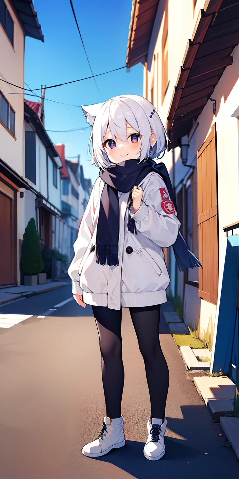 masterpiece、top-quality、女の子1人、white hair、Wolfcut、Viewer's Perspective、kawaii、scarf、jaket、outside of house、Street、A slight smil、short stature