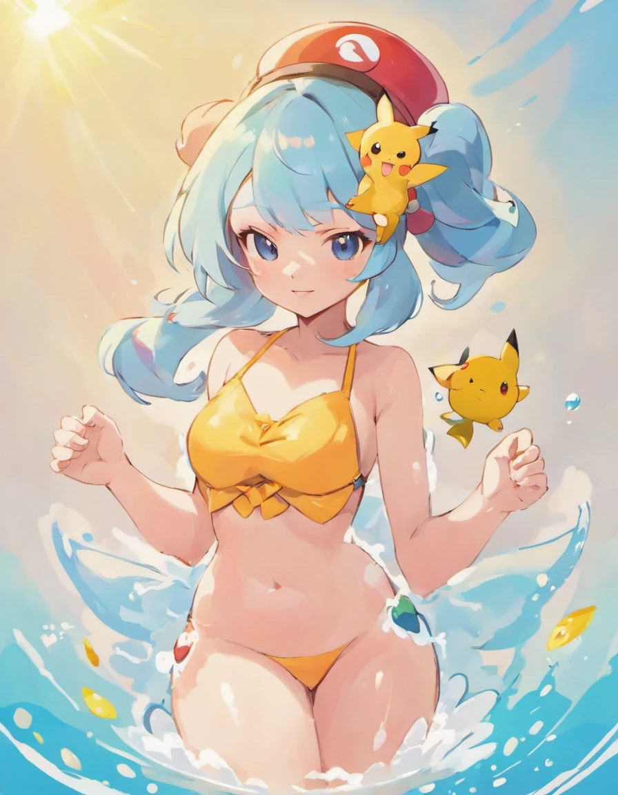 beautiful pokemon trainer like the lady (Ojosama), she is wearing a bathing cosume,