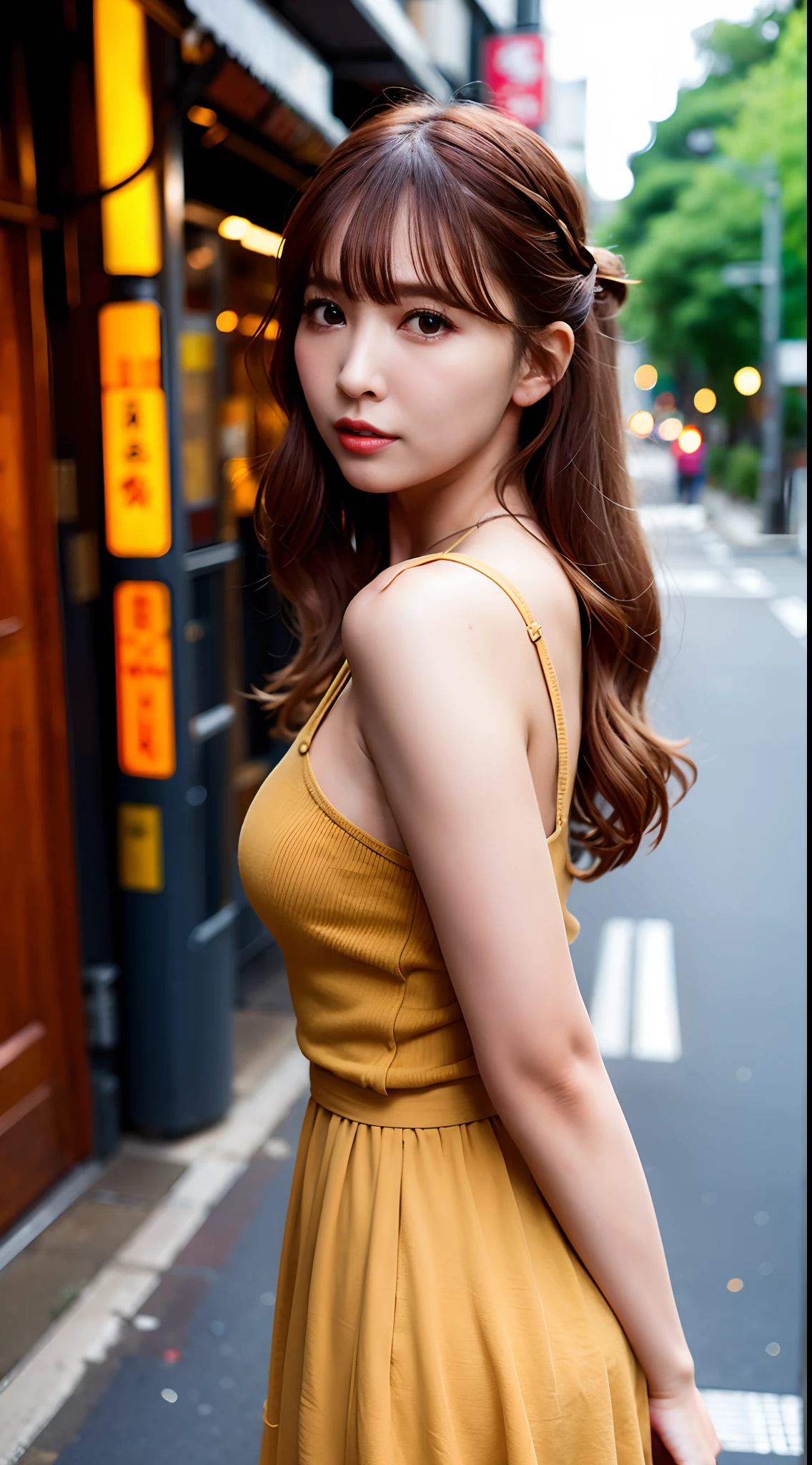 iulora, 1girll, 独奏, realisticlying, best qualtiy, nikon RAW photo,8 k'',富士XT3,tmasterpiece,超高分辨率,hdr,8K,A high resolution,(realisticlying:1.4),(Realistic damp skin:1.2),(22yo:1.3),Detailed eyes,long whitr hair,(light-blonde hair:1),Close-up portrait,Cinematic lenses,Small face,Qi bangs,Look at the lens at a 45-degree angle from the side of the face,Stand on the streets of Tokyo,Street depth of field,Background with,Cinematic lighting effects,Gigantic big tits:1.2,dress:1.1,shyexpression ,Raised sexy,Lovely,is shy:1.4