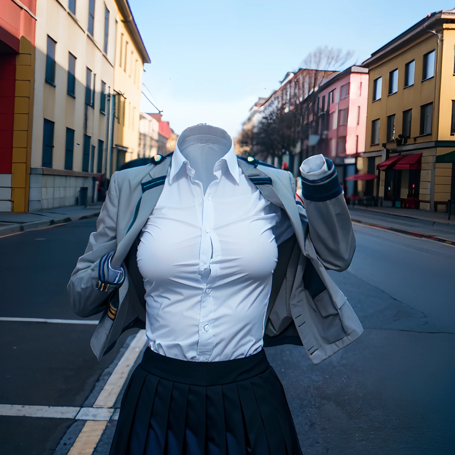 school uniform, ((invisible, no humans:1.5, headless:1.5, handless, legless)), big breast, close-up to breast, from behind, 
(8k, RAW photo, best quality, masterpiece:1.2), (realistic, photo-realistic:1.37),photon mapping, radiosity, ((Hasselblad photography)),physically-based rendering,