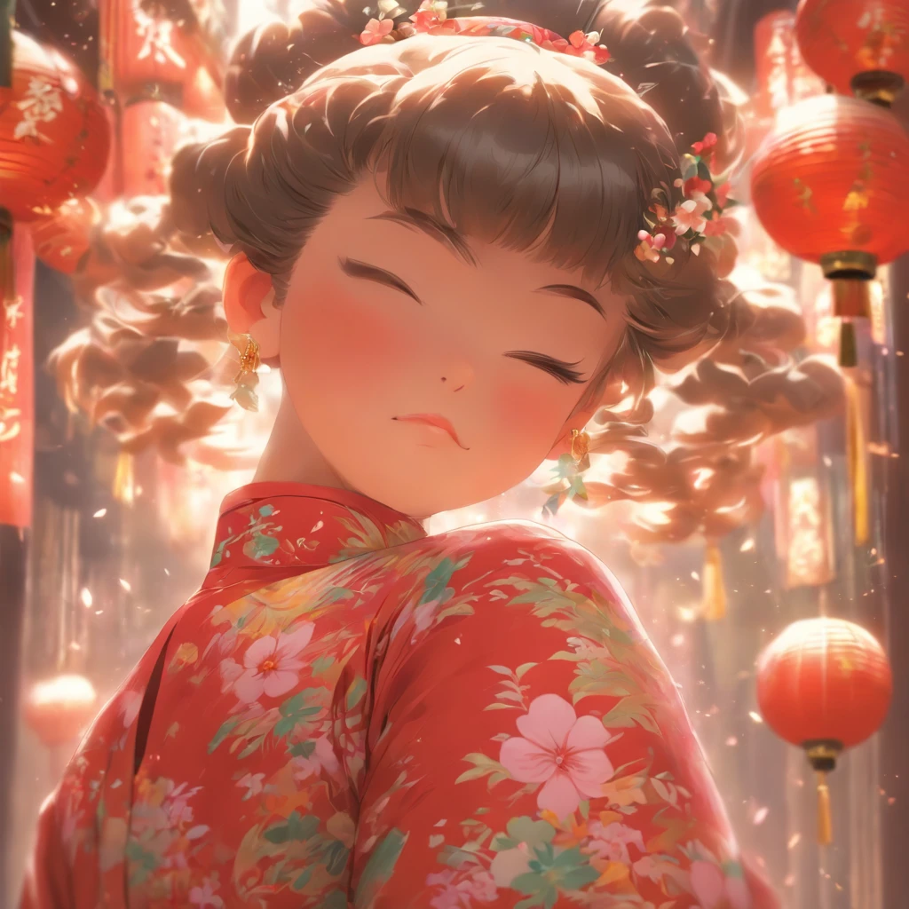 A little girl,Hold your arms,Frowning,Staring at you angrily,Pouting angrily,Floral half-sleeved cheongsam,Cute fat girl,A ball head
