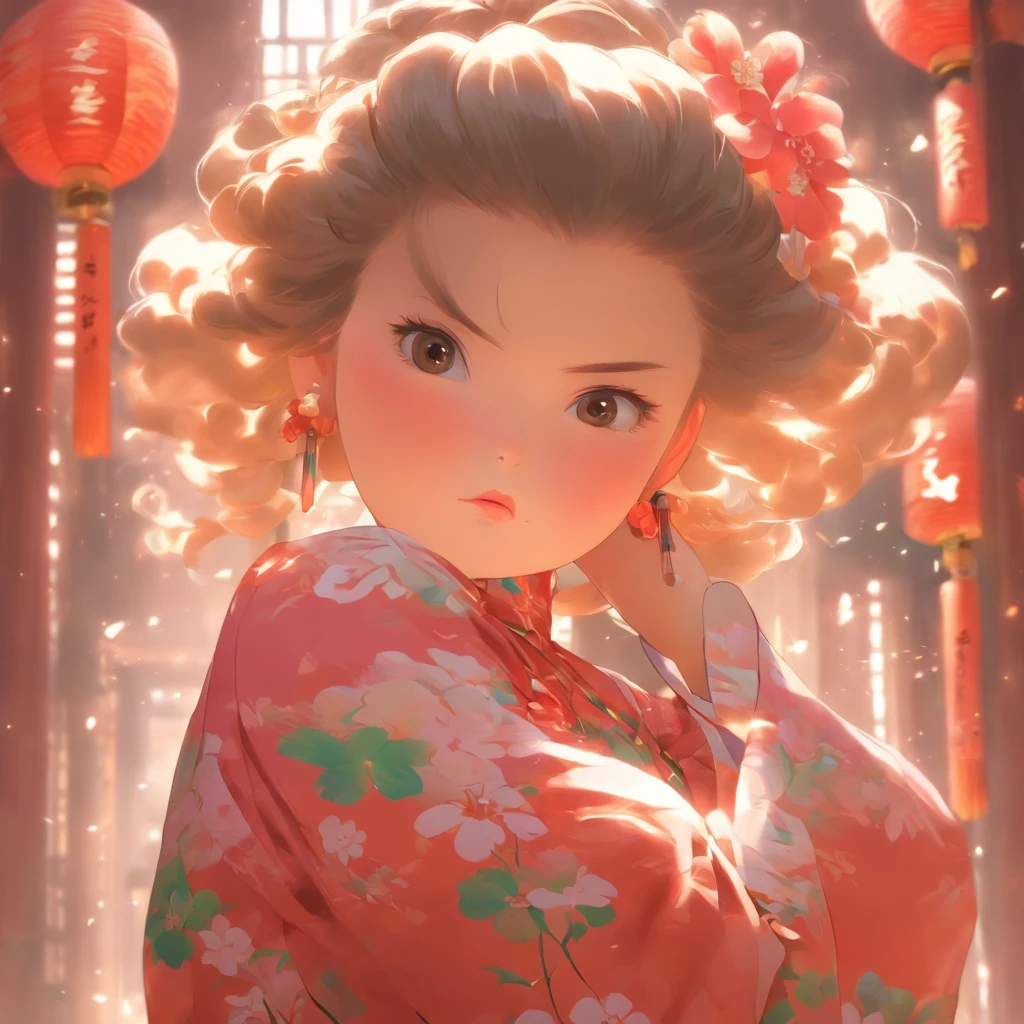 vivd colour, 16k, hyper HD, High-density imaging review 10, (tmasterpiece:1. 5), absurderes, (best qualtiy:1. 5),A girl,Hold your arms,Frowning,Staring at you angrily,Pouting angrily,Floral half-sleeved cheongsam,Cute fat girl,A ball head
