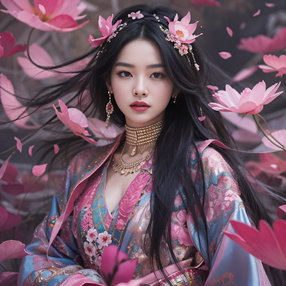 32K（tmasterpiece，k hd，hyper HD，32K）Long flowing black hair，ponds，zydink， a color， Aozhou people （Concubine girl）， （Silk scarf）， Combat posture， looking at the ground， long whitr hair， Floating hair， Carp pattern headdress， Chinese long-sleeved clothing， （Abstract gouache splash：1.2）， Pink petal background，Pink and white lotus flowers fly（realisticlying：1.4），Black color hair，Fallen leaves flutter，The background is pure， A high resolution， the detail， RAW photogr， Sharp Re， Nikon D850 Film Stock Photo by Jefferies Lee 4 Kodak Portra 400 Camera F1.6 shots, Rich colors, ultra-realistic vivid textures, Dramatic lighting, Unreal Engine Art Station Trend, cinestir 800，Long flowing black hair，Denim skirt