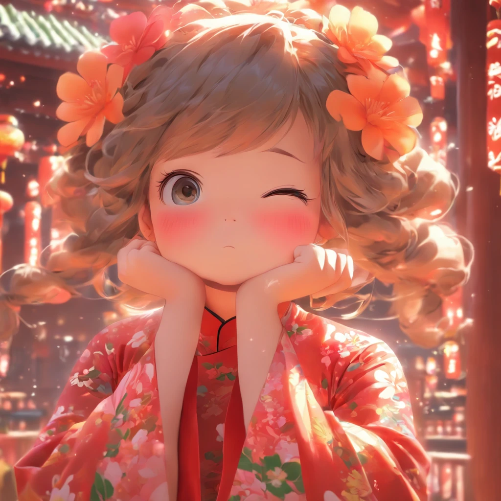 A ，Hold your arms，Frowning，Staring at you angrily，Pouting angrily，Floral half-sleeved cheongsam，Cute fat girl，A ball head