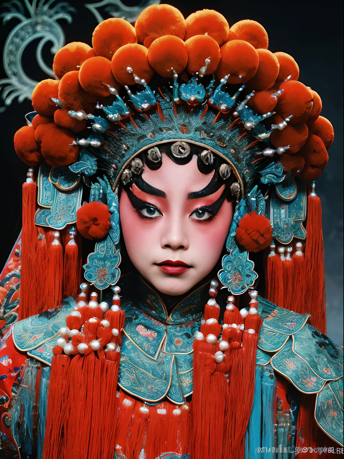 tmasterpiece：（（（CNOperaFlag）））， 8K，Portrait Photogram，Shocking，movie picture quality，。CNOperaCrown， From the front， looking at viewert， Beautiful makeup，Detailed portrayal of the face。Exquisite headdress， Gorgeous costumes， nipple tassels。Chinese red，cloisonne