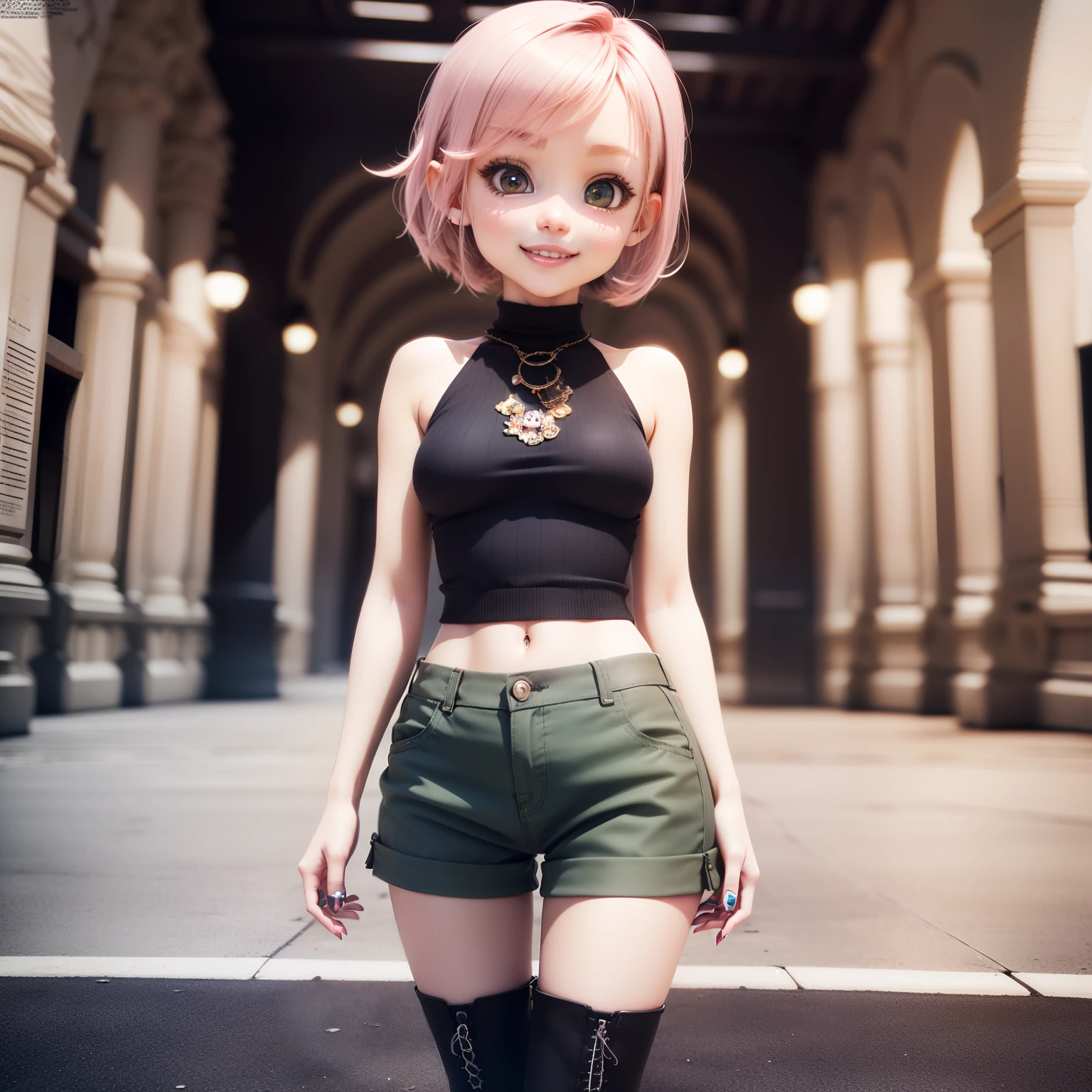 (((Chibi 3D))) (Best Quality), (masutepiece)、(Alone:1.5)Gray shoulder knit、(Glen plaid shorts over dark green tights: 1.5)(Fashion magazine style:1.7) 、Alone、Open your mouth and smile、A detailed face、Laced boots
