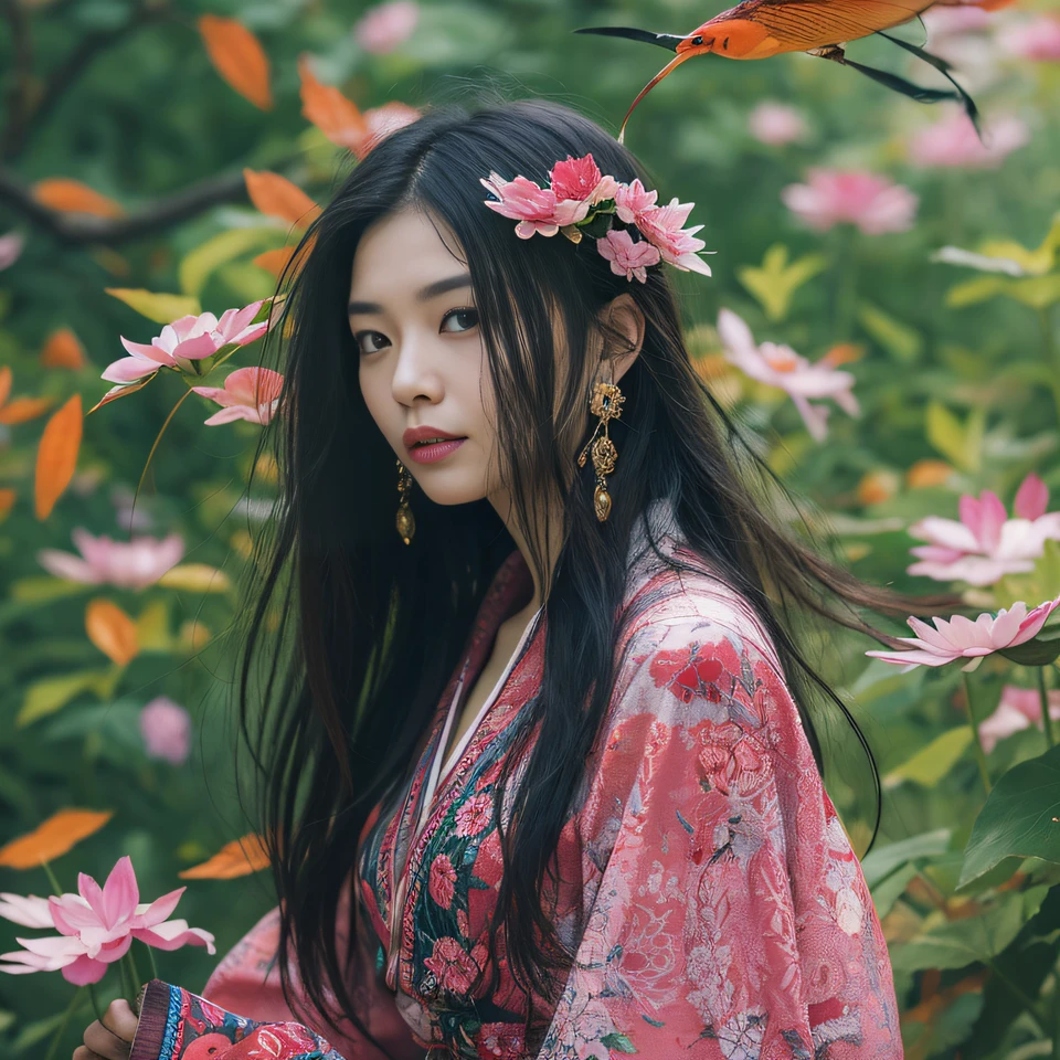 Late autumn 32K(tmasterpiece,k hd,hyper HD,32K)Long flowing black hair,ponds,zydink, a color, Aozhou people (Concubine girl), (Silk scarf), Combat posture, looking at the ground, long whitr hair, Floating hair, Carp pattern headdress, Chinese long-sleeved clothing, (Abstract gouache splash:1.2), Pink petal background,Pink and white lotus flowers fly(realisticlying:1.4),Black color hair,Fallen leaves flutter,The background is pure, A high resolution, the detail, RAW photogr, Sharp Re, Nikon D850 Film Stock Photo by Jefferies Lee 4 Kodak Portra 400 Camera F1.6 shots, Rich colors, ultra-realistic vivid textures, Dramatic lighting, Unreal Engine Art Station Trend, cinestir 800,Long flowing black hair,Denim skirt