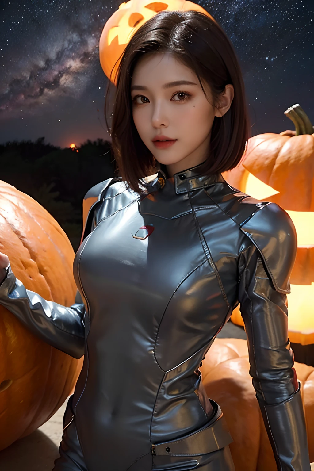 top-quality、​masterpiece、超A high resolution、(realisitic:1.4)、Beautuful Women１、Beautiful detail eyes and skin、ssmile、Light brown short-cut hair、The perfect spacesuit、spaceships、Mysterious planet、Red sky、Halloween giant pumpkin、