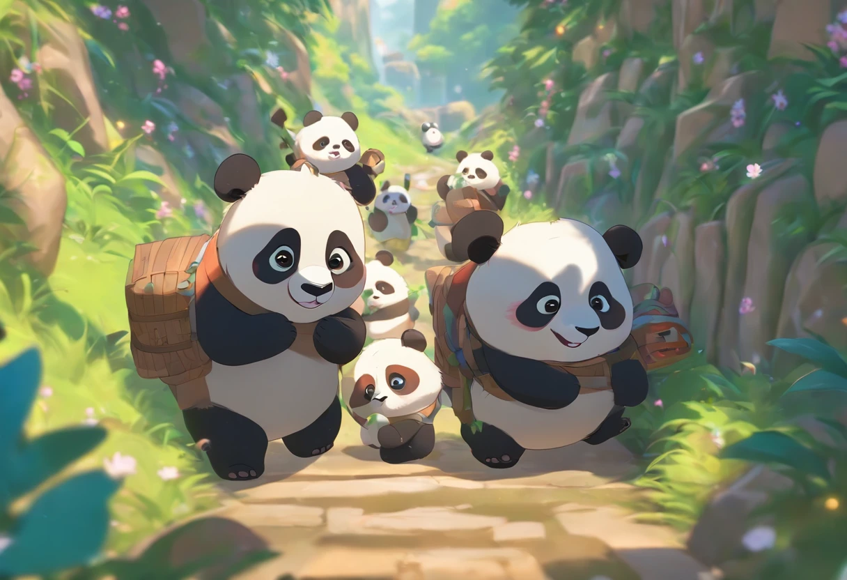 １With cute full-body pandas２Friend Pandas Set Off on a Journey，Has big eyes，Blushlush，lazy，greet, 。.3D, 4K