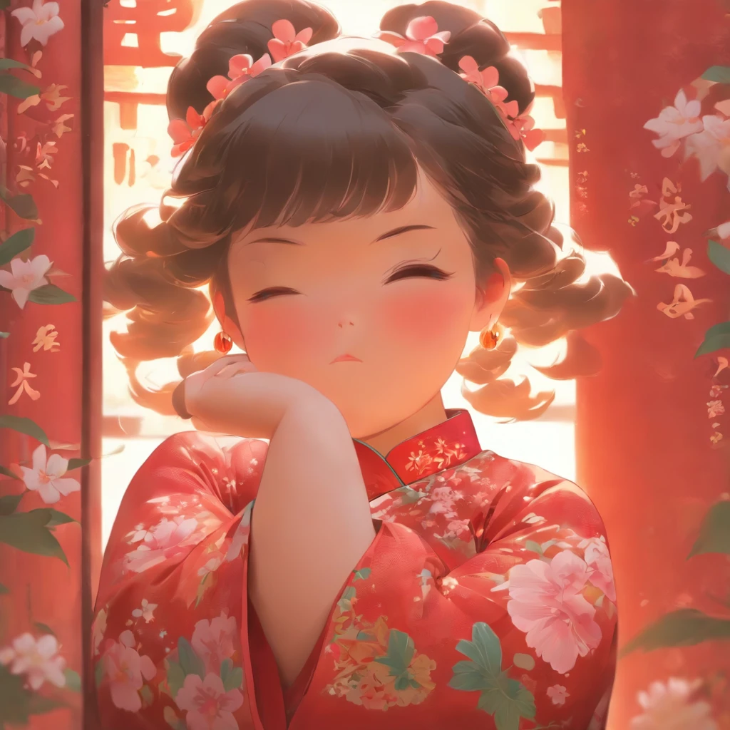 A little girl,Hold your arms,Frowning,Staring at you angrily,Pouting angrily,Floral half-sleeved cheongsam,Cute fat girl,A ball head