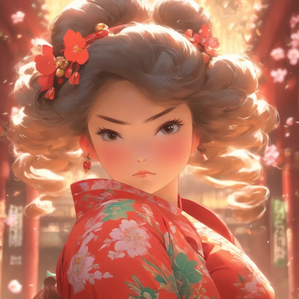 A little girl，Hold your arms，Frowning，Staring at you angrily，Pouting angrily，Floral half-sleeved cheongsam，Cute fat girl，A ball head