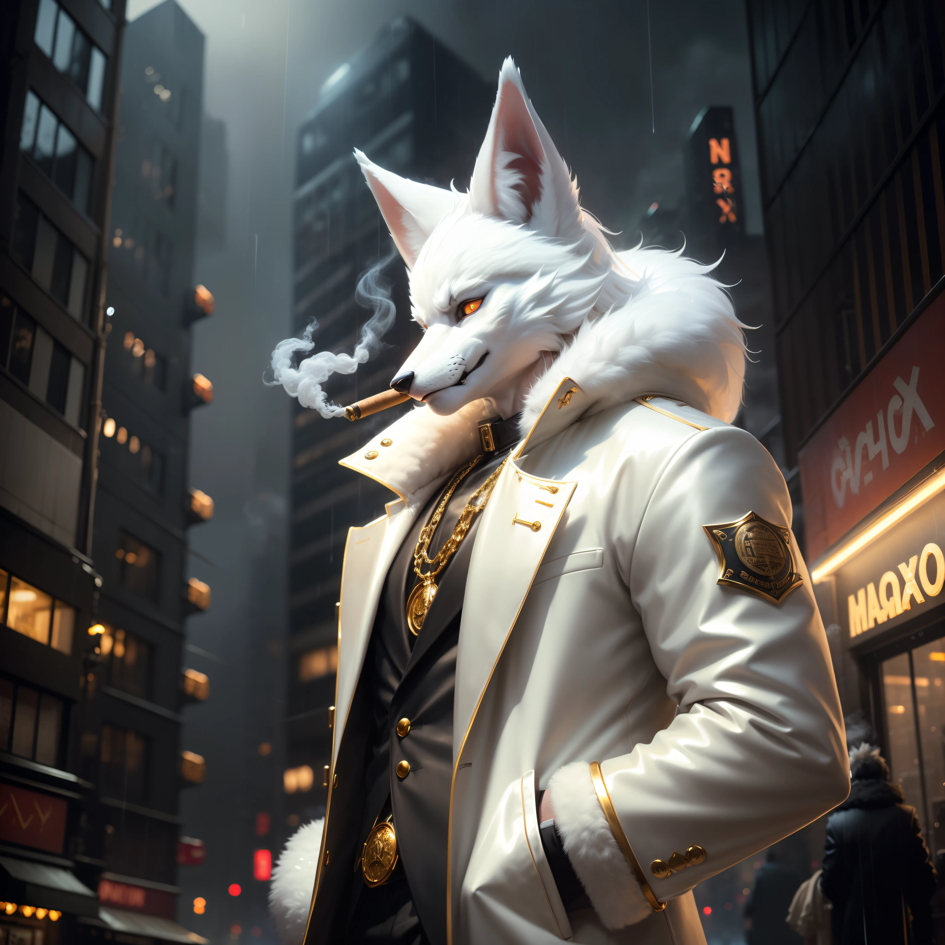 ((realistic)), ((detailed)), illustration, scene perspective (urban setting), character appearance (white fur fox-headed and humanoid body wearing a sleek overcoat, gold chains, and rings while smoking a cigar amidst a rainy night with an imposing air), background elements (wet streets reflecting the city lights, neon signs and buildings in the background).
