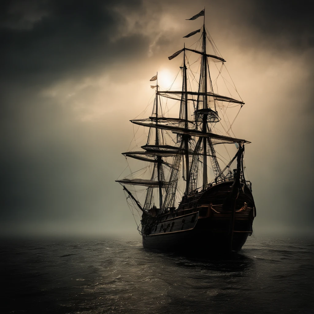 Ghost pirate ship,Old and dilapidated wooden boats,The sails are tattered,There is fog all around,Moonlit night on the high seas,Ghostly figures roam the ship,An unforgettable aura,Swirling mist,The squeak of the ship,Skulls and bones scattered on the deck,Lanterns twinkling in the dark,Violent waves crashed against the boat,Thunder and lightning light up the sky,Blood-red full moon,A shipwreck treasure hidden in the depths,Broken compass,Creepy mermaids lure sailors,Ominous existence,eerie silence,Billowing black smoke,Whispering of the past,Rotten nets hanging from the mast,Captain Ghost in tattered clothes,otherworldly glow,Hidden messages in old maps,The crimson sea serpent hovered over the boat,Rum barrels roll on deck,Shells ready to be fired,Paranormal,Ominous atmosphere,Voodoo spell book,Dilapidated telescopes,The deck is covered with algae and moss. (Best quality, 4K, A high resolution, Masterpiece:1.2), Ulla detailed, Realistic, hdr, Strong chiaroscuro lighting effects, Vivid colors and contrast, Mysterious color palette, Spooky atmosphere, Dramatic shadows, ethereal glowing, Ghost reflection on the water.