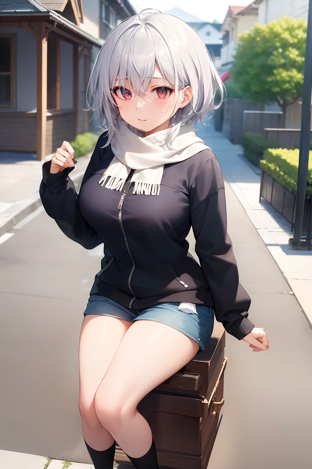 masterpiece、top-quality、女の子1人、white hair、Wolfcut、Viewer's Perspective、:3、kawaii、scarf、jaket、outside of house、Street、Short stature、large full breasts、Casket