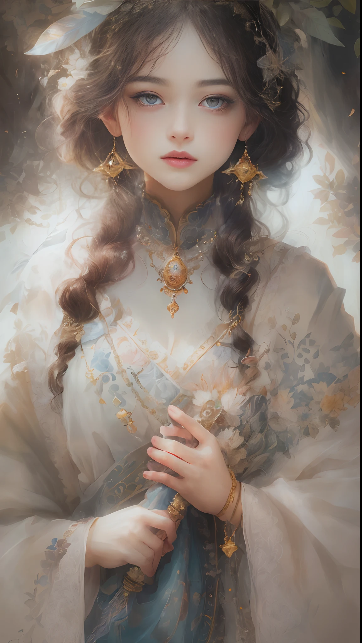 (Best quality, 4K, 8K, A high resolution, Masterpiece:1.2), Ultra-detailed, Realistic portrait, Beautifully detailed eyes, beautiful detailed lips, Detailed expression, Graceful posture, subtly lit, Dreamy atmosphere, Dark-toned background, expressive brush strokes, mystical ambiance, Artistic interpretation, Stunning Studio Ghibli style costumes, a whimsical illustration, Subtle colors and tones, mystical aura,