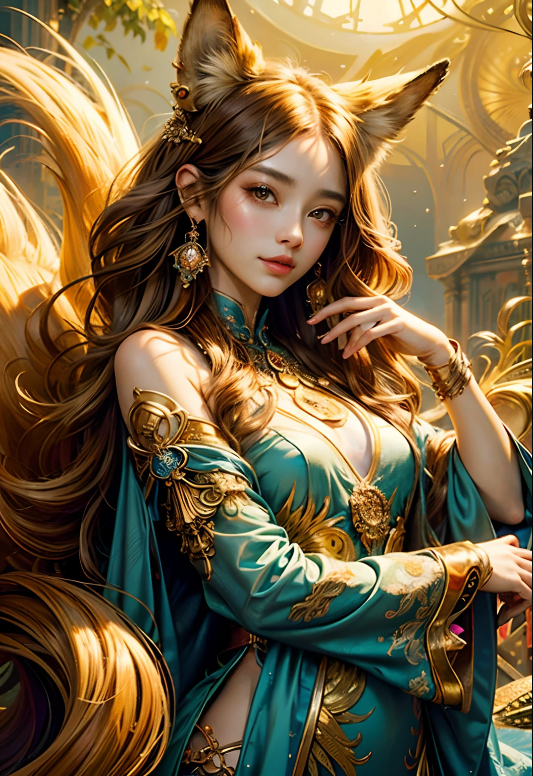 (masterpiece、top-quality、top-quality、Official art、Beautifully Aesthetic:1.2)、(1girl in)、ighly detailed、(Fractal Art:1.3)、colourfull、highestdetailed Golden Nine Tail Fox Fancy golden background Facing the front Soft smile Ha is just Skin exposed