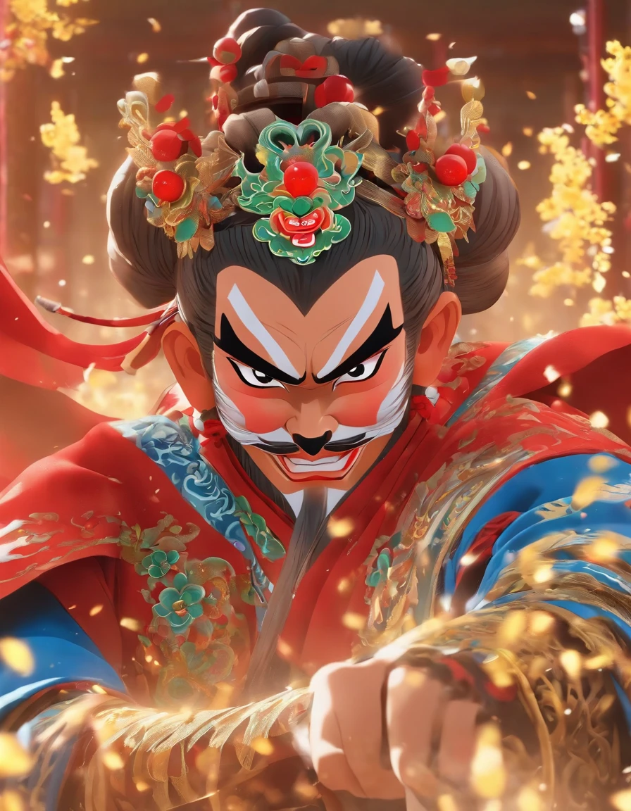 China-style，Chinese drama，Peking Opera costumes，Zhang Fei costume，Drama Facebook，中景 the scene is，super-fine，ultra - detailed，high qulity，8K ，Sharply focus the eyes，highly detailed surreal vfx，oc rendered， --q 2 --s 1000