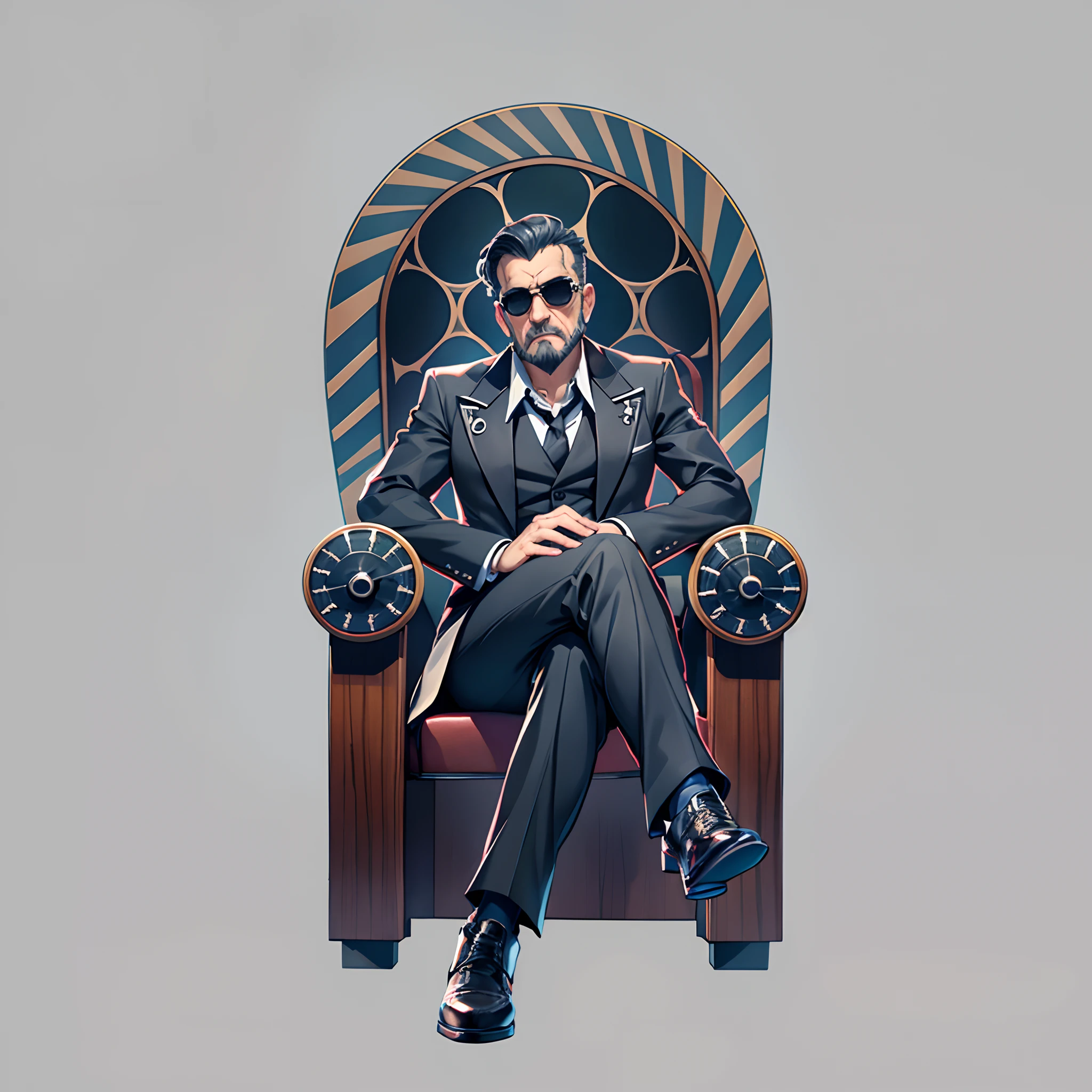 (((mafia boss)))、Full body depiction、(No background)、(Sitting on a chair)、((steampunc))、male people、(Veteran Hero)、The ultra -The high-definition、(legs crossed)、Elderly man with beard、Gray hair mixed、With weapons