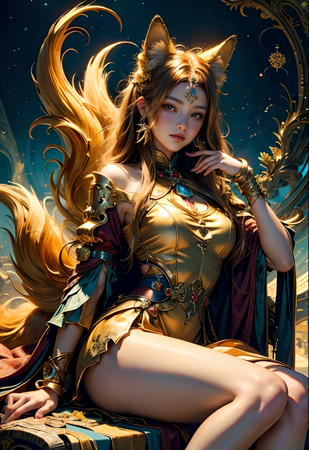 (​masterpiece、top-quality、top-quality、Official art、Beautifully Aesthetic:1.2)、(1girl in)、ighly detailed、(Fractal Art:1.3)、colourfull、highestdetailed　Golden Nine Tail Fox　Golden background　Soft smile　breasts are large　Soft expression　A smile　full bodyesbian