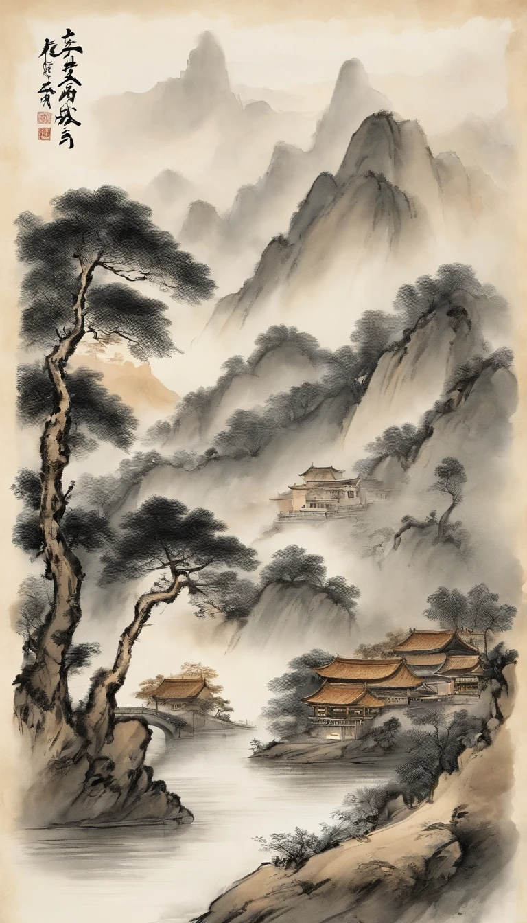 Chinese landscape painting，ink and watercolor painting，water ink，ink，Smudge，Faraway view，Ultra-wide viewing angle，Meticulous，Five cow diagram，Five scalpers，River side，Small Stone Bridge，grassy fields，The tree，The vista is a mountain，Lots of white space，minimalistic background，（8k wallpaper），（light and shadow effect），rendering by octane，White balance design，Extremely detailed picture depiction，wide angles，depth of fields，tmasterpiece，realisticlying，Beautifully depicted，A detailed，acurate，Works of masters，tmasterpiece