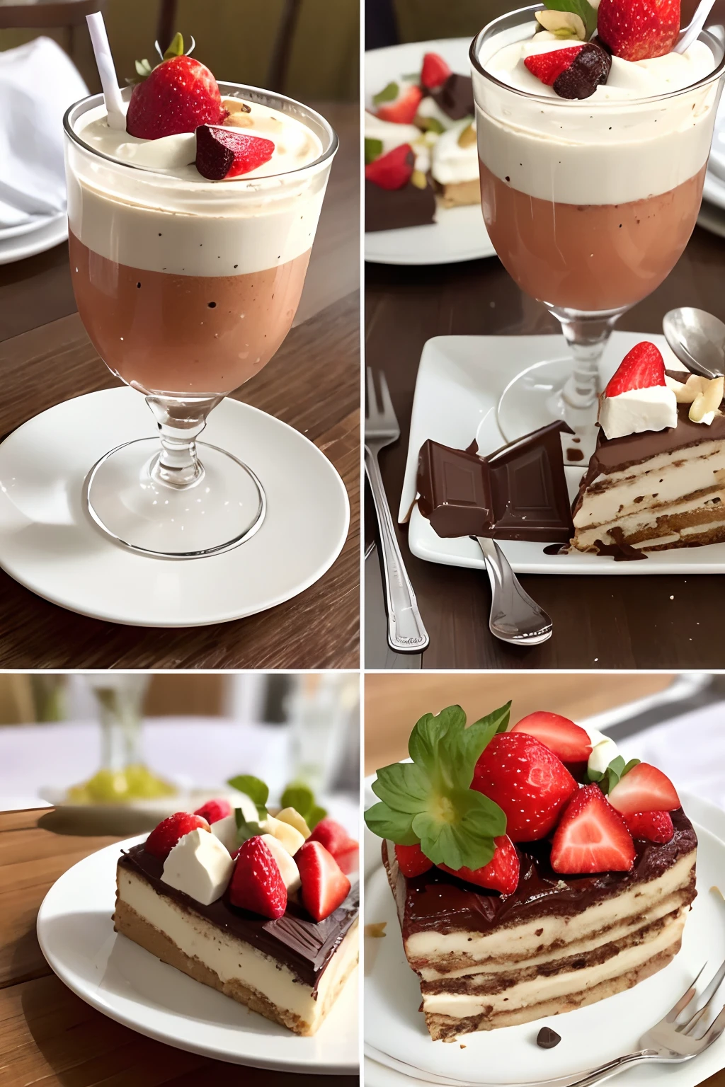 glass of juice,A plate of nuts,A plate of vegetable salad,A plate of tiramisu chocolate filled strawberry cake,Chilled drinks,The table was filled with a variety of fruits,exteriors,Resort hotels,Far Mountain,high definition detail,Close-up of the middle view,ultra-realistic realism,Master composition