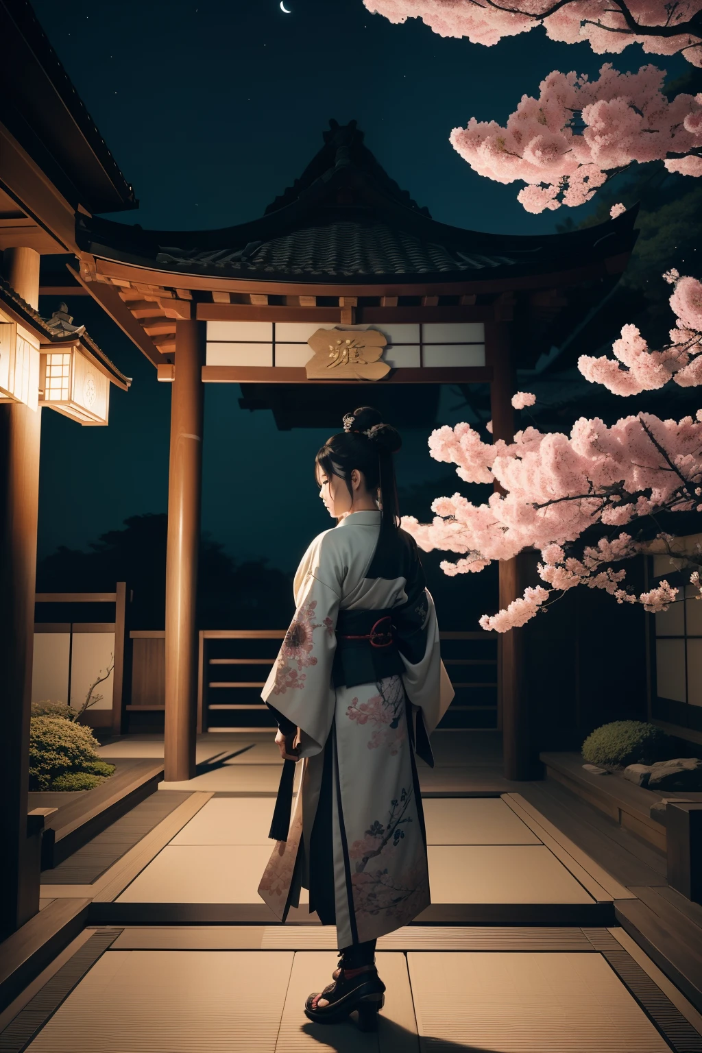 A woman samurai assassin standing in a moonlit garden, Expertly wielding a katana with deadly precision. The killer's eyes sparkle with determination and focus, while your lips are placed in a certain line. The samurai's face is intrinsically detailed, capturing every outline and expression. Ela usa um quimono sexy aberto, adorned with intricate patterns and symbols of his clan.

The artwork is created in a medium reminiscent of Japanese inkwash paintings.., with bold brush strokes and a monochrome color palette. The artist's masterful technique brings out the intensity and power of the samurai's presence.

The garden around the samurai is meticulously designed, with lush vegetation and delicate cherry blossoms. A full moon shines brightly in the night sky, casting a soft glow on the scene and lighting the path of the assassin. The atmosphere is filled with an air of mystery and danger, Adding to the tension of the moment.

The image is of the highest quality, with every detail captured flawlessly in ultra-high resolution. The textures on the kimono and the intricate patterns are rendered with extreme precision. The lighting is carefully crafted to enhance the dramatic effect, com sombras profundas e destaques sutis.

Geral, The artwork exudes a sense of elegance and power, combining traditional Japanese aesthetics with a touch of modernity. The monochrome color palette, combinado com os detalhes requintados, creates a captivating and immersive experience for the viewer.