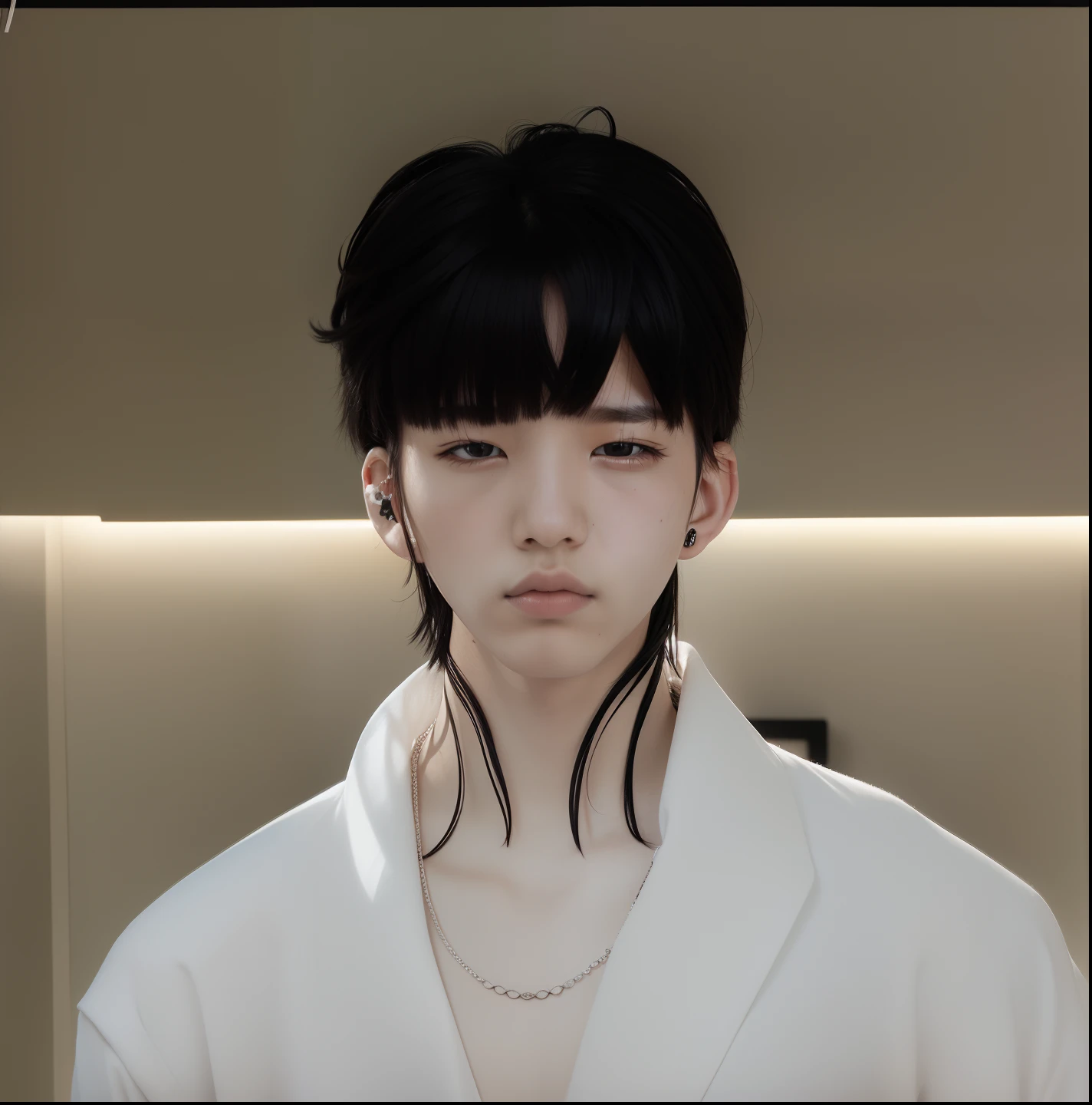 1man, white clothes, necklace, tatto in the neck, korean, realistic, 70mm lens, ultra detail, black hair, sleepy eyes,