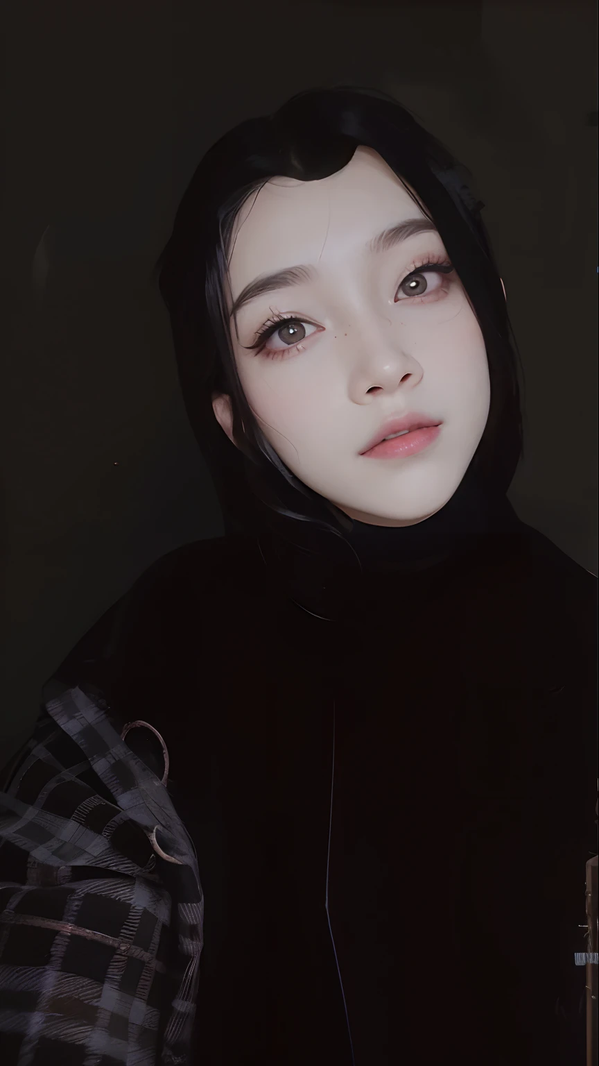 Hijab, Japanese girl, glow skin, sad face, forest, black Hoodie, walking in forest 
