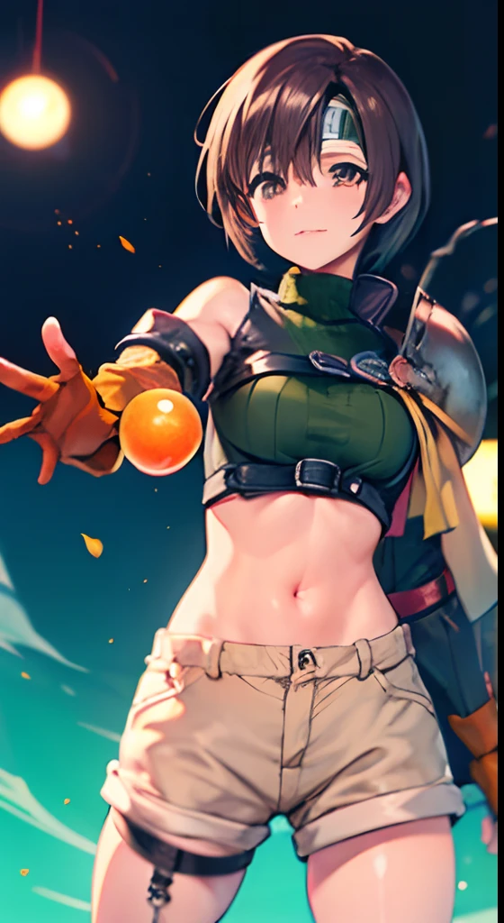 Top image quality,((detaileds)),(((reallistic))),4K,masutepiece,1 girl,reaching out her hands,Short hair, head band, Sleeveless, turtle neck, Brown eyes, sleeveless turtleneck,  gloves, ,croptop, Brown hair ,Midriff, armor,open fly, Fingerless gloves, Ribbed sweater, Shorts,medium breasts, Yuffie_Kisaragi_01,slender,Fantasia,Luminescent sphere