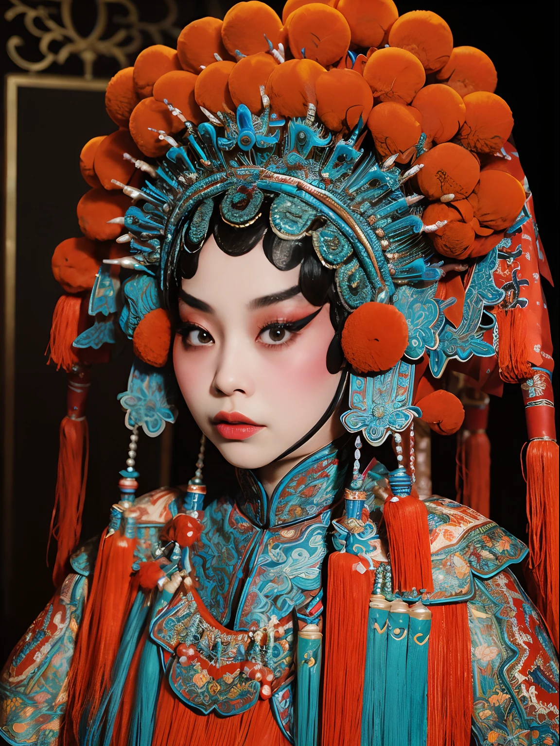 tmasterpiece：（（（CNOperaFlag）））， 8K，Portrait Photogram，Shocking，movie picture quality，。CNOperaCrown， From the front， looking at viewert， Beautiful makeup，Detailed portrayal of the face。Exquisite headdress， Gorgeous costumes， nipple tassels。Chinese red，cloisonne